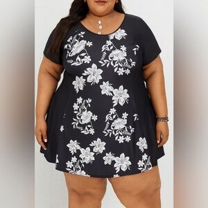 ECUPPER Plus Size Black & White Floral Swim Dress with Built-In Shorts – Size 4X